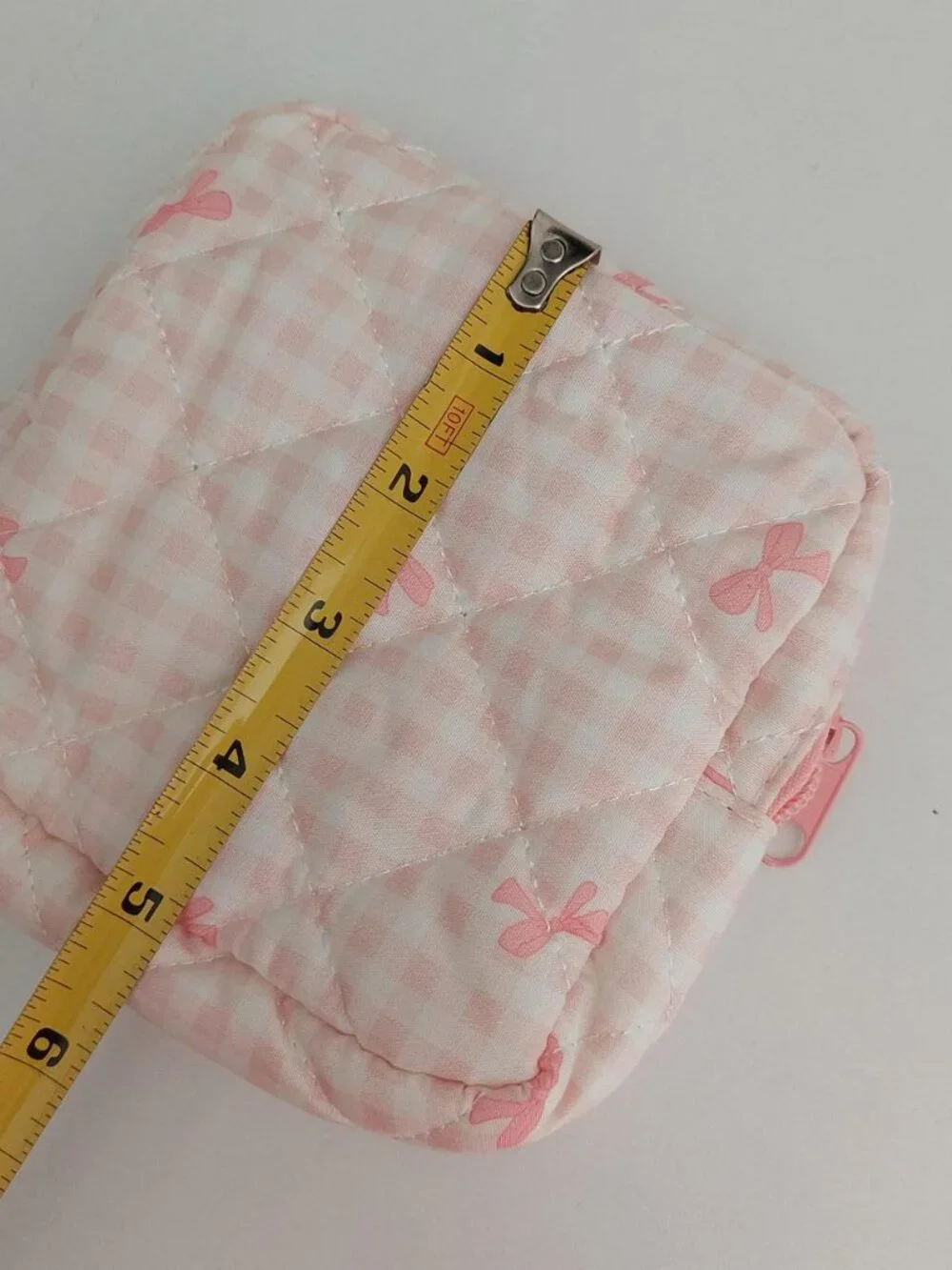 pink bow plad gingham make up pouch small square bag
